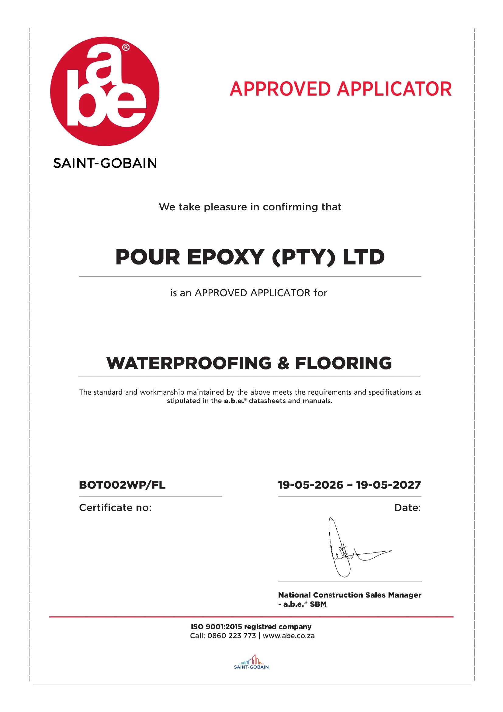 Technical Finishes Approved Applicator Certificate - PourEpoxy Botswana